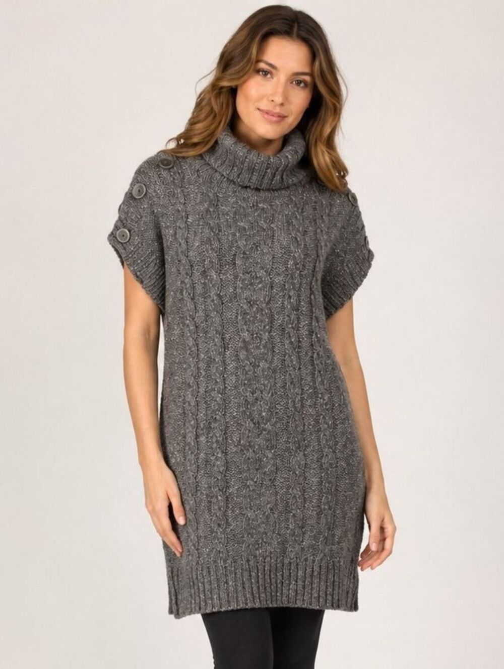 Ruff Hewn Medium Wool Blend Gray Heather Tunic Midi Cable Knit Sweater Dress